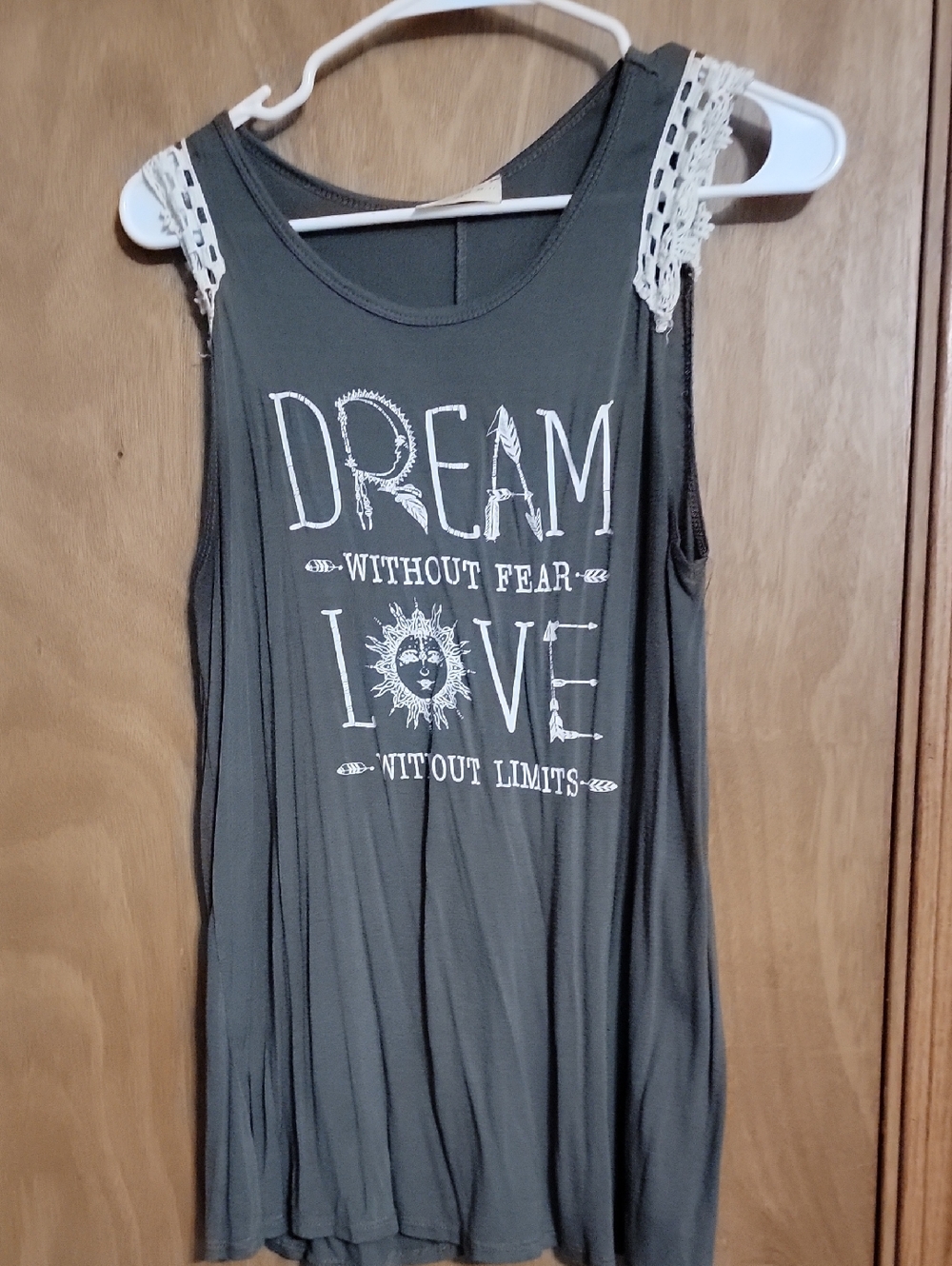 enough about me... Gray Graphic Tank with Lace Shoulders